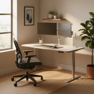 Modern ergonomisch hoekbureau met sta-functie in een lichte thuiswerkplek.