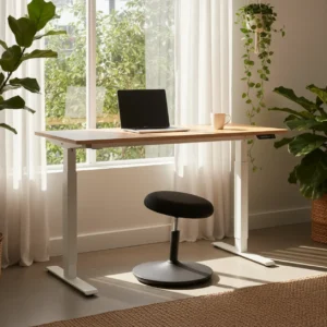 Modern thuiskantoor met zit-sta bureau en wiebelkruk voor actief zitten