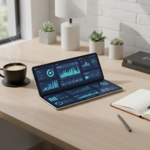 Samsung Galaxy Z TriFold volledig uitgevouwen op een bureau als mobiele werkplek.
