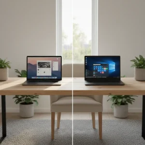 Een MacBook en een Windows laptop naast elkaar op een bureau voor thuiswerken.