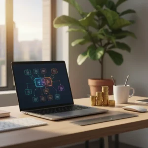 Laptop op moderne thuiswerkplek met workflow diagram dat inzicht geeft in Zapier kosten en taken