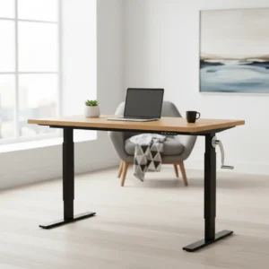 Handmatig verstelbaar sta-bureau met slinger in een modern thuiskantoor zonder kabels