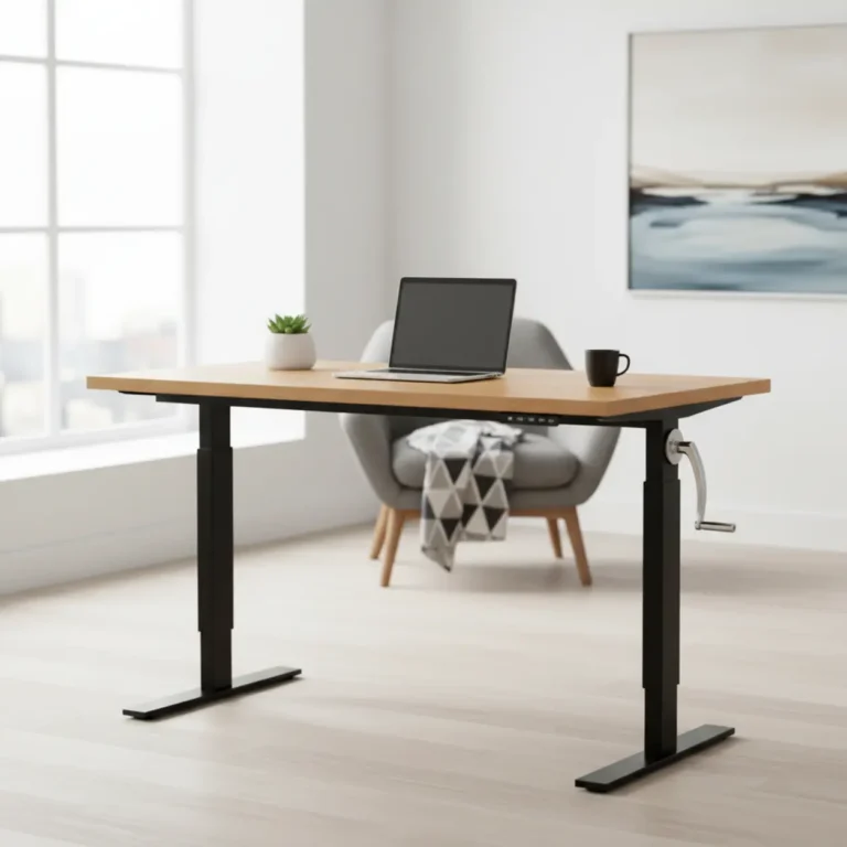 Handmatig verstelbaar sta-bureau met slinger in een modern thuiskantoor zonder kabels