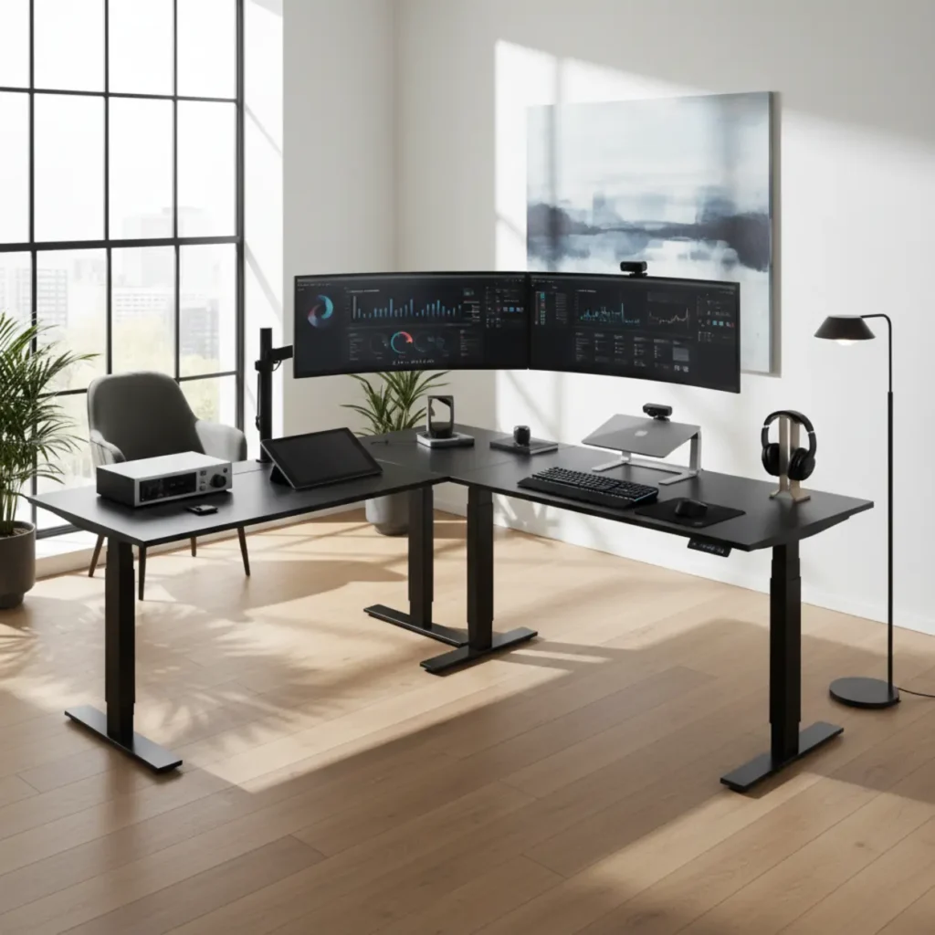 Een L-vormig zit-sta bureau in een modern thuiskantoor ter illustratie van de Multitable Mod-E Pro review.