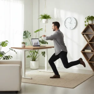 Persoon doet laagdrempelige oefeningen achter een sta bureau voor betere doorbloeding