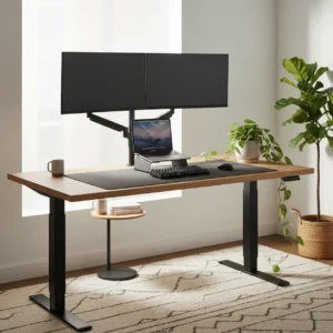 Modern ingerichte thuiswerkplek met het FAMISKY dual motor zit-sta bureau en accessoires.