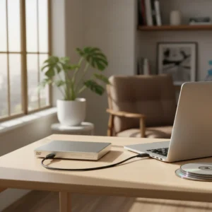 Stijlvolle externe dvd speler aangesloten op een laptop in een modern thuiskantoor.