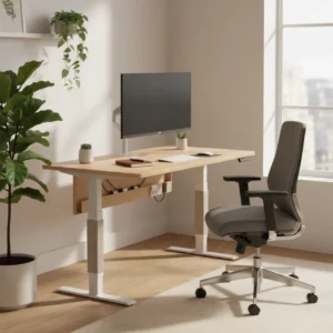 Stijlvol ingerichte ergonomische werkplek met zit-sta bureau en goede verlichting.