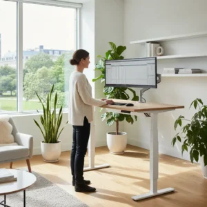 Thuiswerker met correcte houding achter een elektrisch verstelbaar sta-bureau in een thuiskantoor.