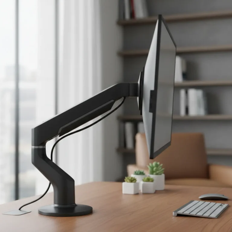 Fully Jarvis single monitor arm die een beeldscherm draagt in een ergonomisch thuiskantoor