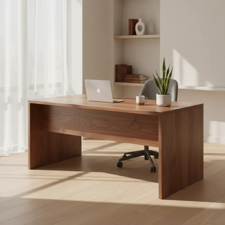 Ergonofis Sway massief houten zit-sta bureau in een luxe thuiswerkplek setting.