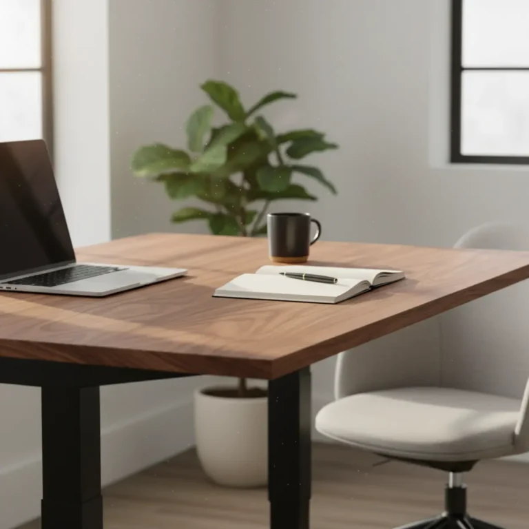 EffyDesk Wildwood massief houten sta-bureau in een modern thuiskantoor