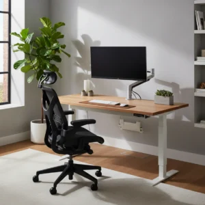 Modern ingerichte ergonomische werkplek thuis met zit-sta bureau en monitorarm.