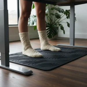 Persoon staand op een ergonomische anti-vermoeidheidsmat achter een zit-sta bureau in een thuiskantoor.