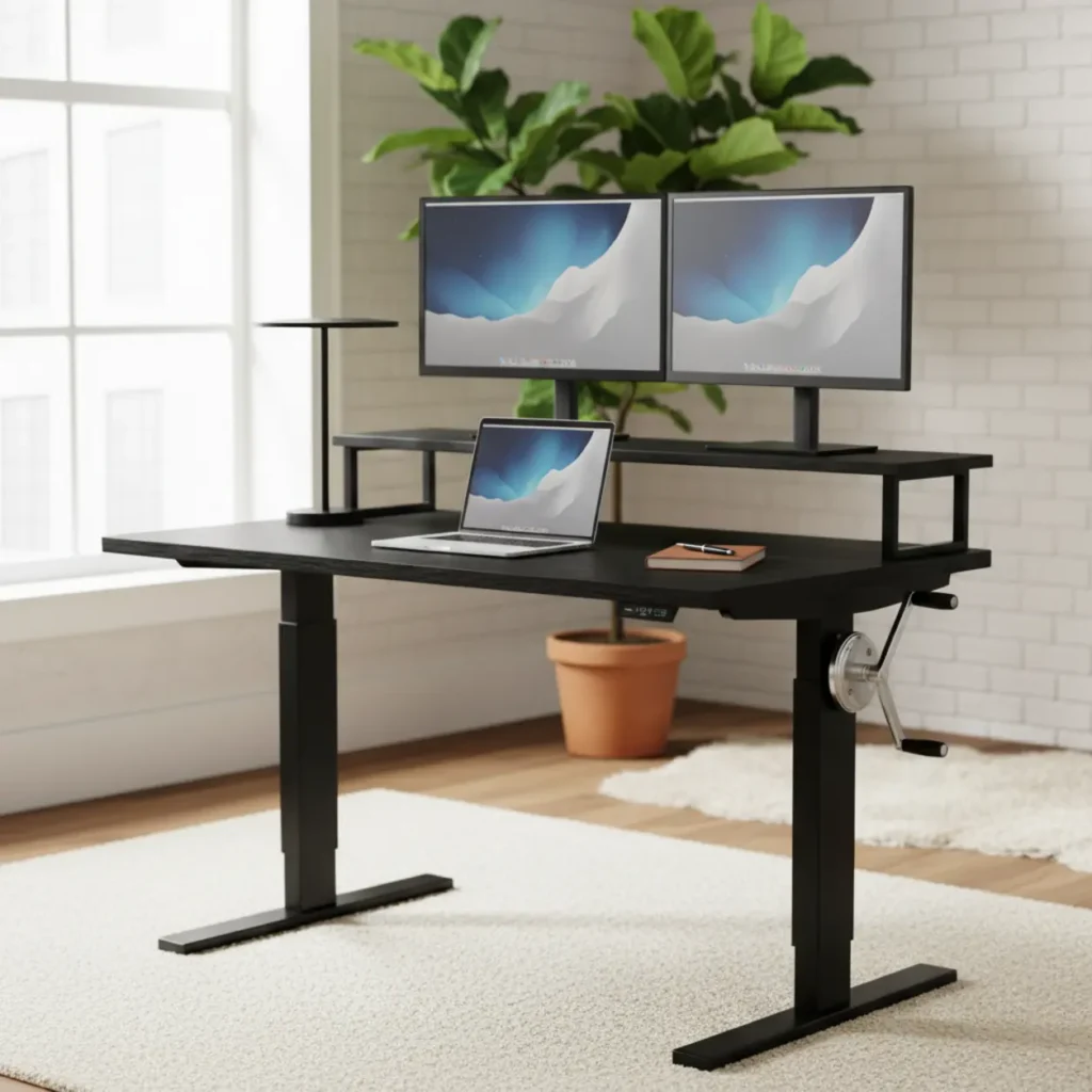 Stand Steady Tranzendesk handmatig verstelbaar zit-sta bureau met monitorverhoger in een modern thuiskantoor.