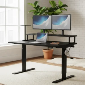 Stand Steady Tranzendesk handmatig verstelbaar zit-sta bureau met monitorverhoger in een modern thuiskantoor.