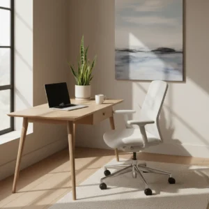 Een opgeruimd en minimalistisch thuiskantoor met een schoon bureau voor optimale concentratie
