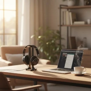 JBL Tour One M3 noise cancelling koptelefoon op een bureau in een thuiskantoor