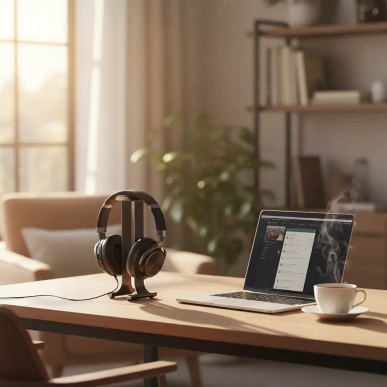 JBL Tour One M3 noise cancelling koptelefoon op een bureau in een thuiskantoor