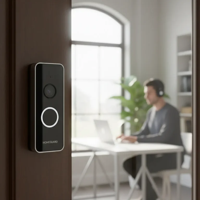 Slimme Ring deurbel met camera aan de gevel van een thuiskantoor voor beveiliging en privacy.