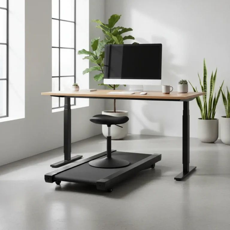 Ergonomische wiebelkruk met ronde voet geplaatst op een loopband onder een sta-bureau.