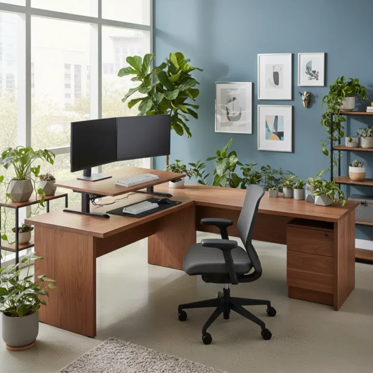 Een sta-bureau converter op een hoekbureau ingesteld op stahoogte met twee beeldschermen.