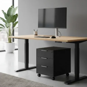 Zwart metalen Stand Up Desk Store ladeblok op wielen onder een zit-sta bureau in een opgeruimd thuiskantoor.
