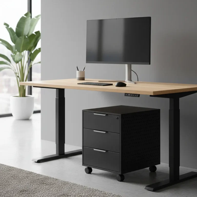Zwart metalen Stand Up Desk Store ladeblok op wielen onder een zit-sta bureau in een opgeruimd thuiskantoor.