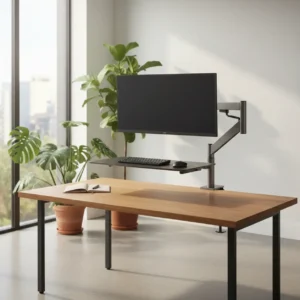 Zwevende bureauverhoger met monitorarm gemonteerd op een ergonomische thuiswerkplek