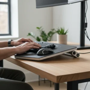 Ergonomische toetsenbordhouder met negatieve kanteling onder een bureau voor een gezonde werkhouding.