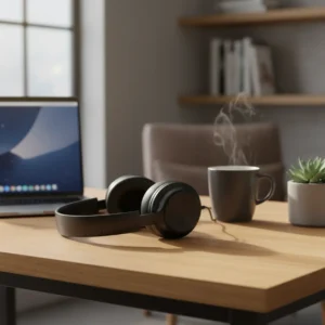 Sony WH-CH720N noise cancelling koptelefoon op een modern thuiswerkbureau.