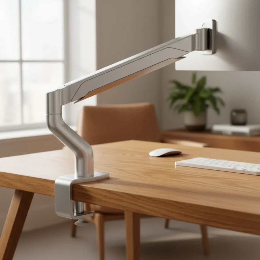 Close-up van de Humanscale M2.1 monitorarm bevestigd aan een eikenhouten bureau in een moderne thuiswerkplek.