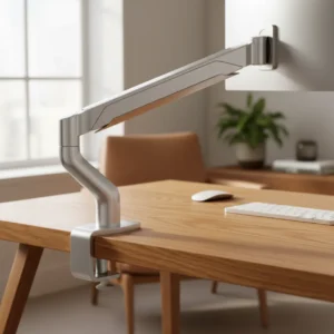 Close-up van de Humanscale M2.1 monitorarm bevestigd aan een eikenhouten bureau in een moderne thuiswerkplek.