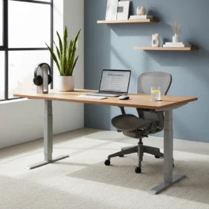 Een moderne, ergonomische thuiswerkplek ingericht voor gezond en productief thuiswerken.