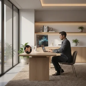 Een productieve thuiswerker in een modern kantoor ondersteund door onzichtbare ambient AI technologie.