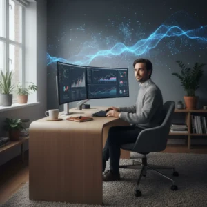 Thuiswerker achter bureau bereidt zich voor op de impact van de AI ontslaggolf