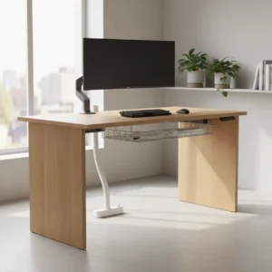 Een netjes georganiseerd zit-sta bureau met goed kabelmanagement en een kabelgoot.