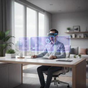 Thuiswerker gebruikt Apple Vision Air en virtuele schermen in een ergonomisch thuiskantoor.