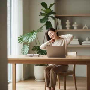 Thuiswerker doet ergonomische bureau oefeningen voor meer energie en minder nekpijn.