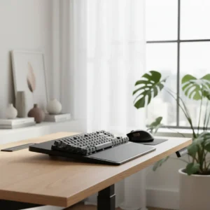 iMovR SteadyType Exo ergonomische toetsenbordhouder met negatieve tilt bevestigd aan een sta-bureau