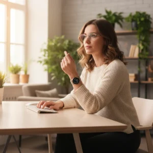 Thuiswerker gebruikt nieuwe AI wearables zoals een slimme bril en smartwatch voor betere productiviteit.