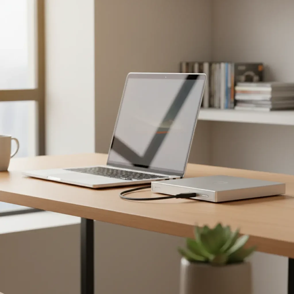 Moderne laptop op een thuiswerkplek verbonden met een externe dvd-speler