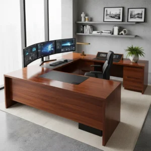 Luxe U-vormig zit-sta bureau opstelling met verhoogd werkblad in een modern thuiskantoor.