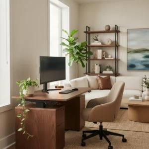 Een stijlvolle resimercial thuiswerkplek met een massief houten bureau en warme verlichting