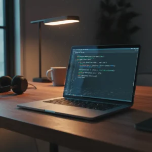 MacBook met code-editor open in een thuiskantoor, symbool voor de GlassWorm malware dreiging op macOS.