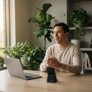 Thuiswerker gebruikt Duck.ai voice chat voor een veilig en anoniem gesprek met artificial intelligence.