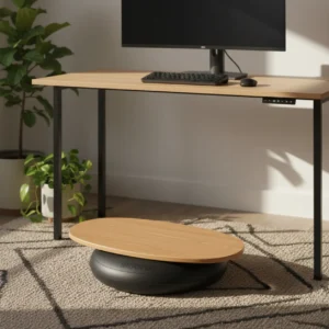 Indo Board Original Flo balansbord onder een modern sta bureau voor actief thuiswerken.