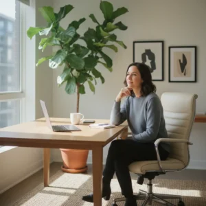 Thuiswerker denkt na over mindset en productiviteit in een rustig thuiskantoor