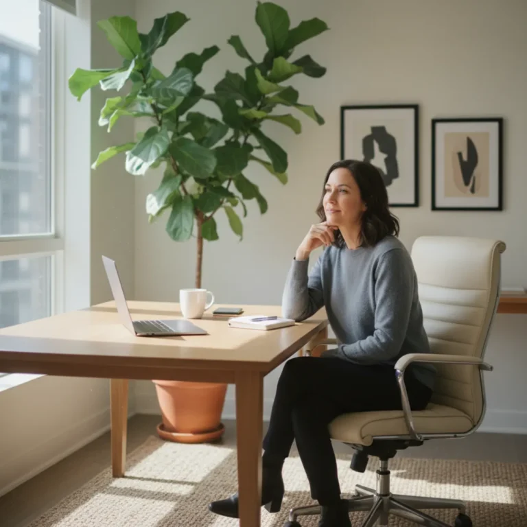Thuiswerker denkt na over mindset en productiviteit in een rustig thuiskantoor