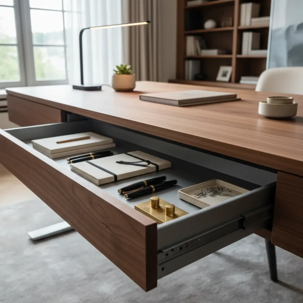Ergonomische lade gemonteerd onder een modern zit-sta bureau voor extra opbergruimte